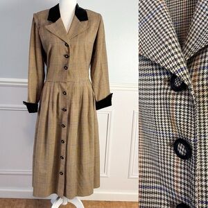 1960s Howard Wolf Brown Houndstooth Coat Dress Vintage Old Money Sz 16 Academia